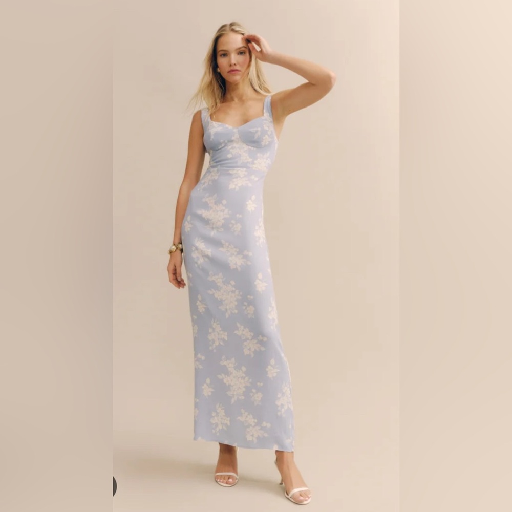 Reformation Blue and White Sheath Maxi Dress Sweetheart Neckline